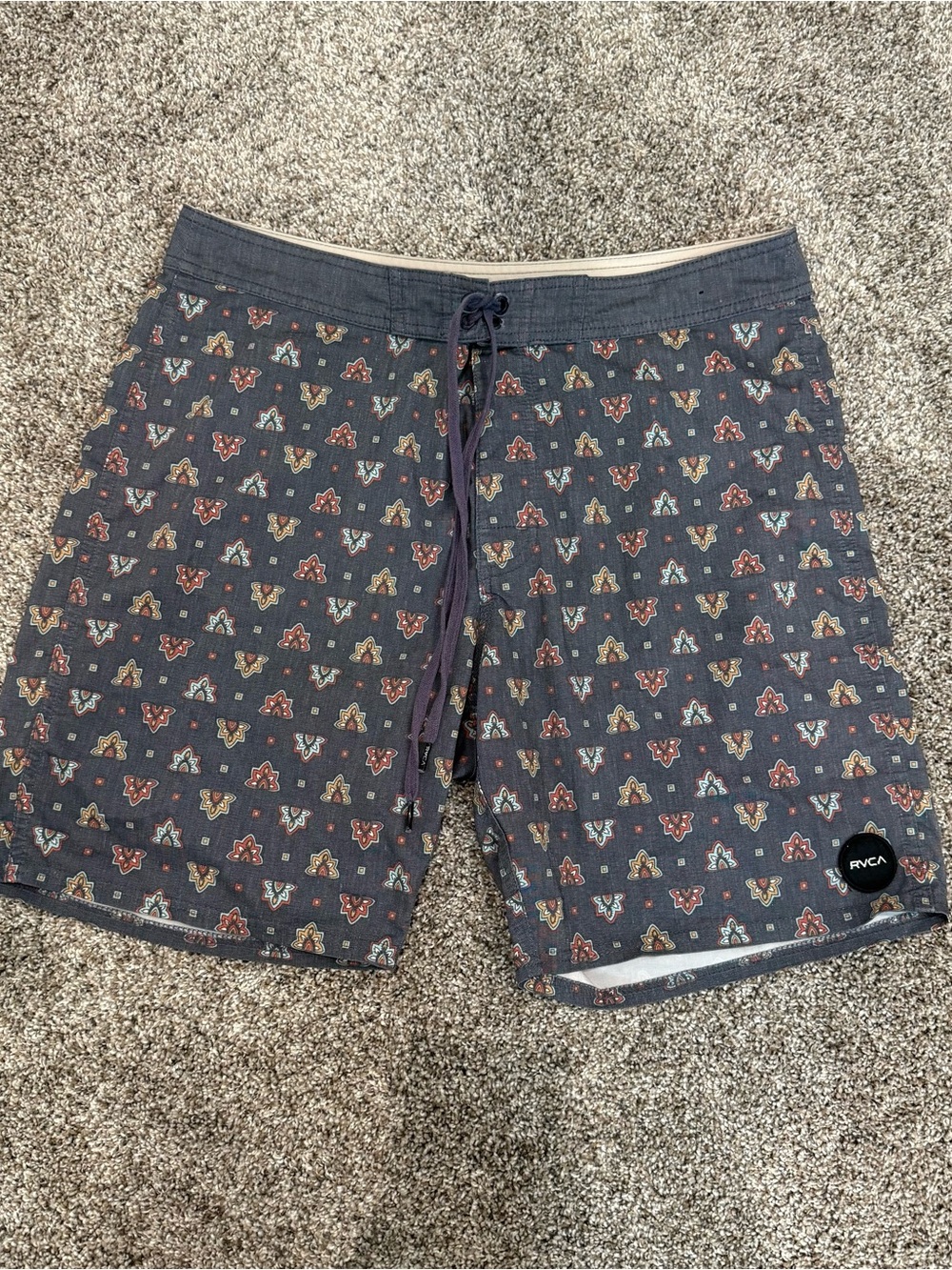 RVCA Navy Swim Shorts with Multicolor Geometric Motif